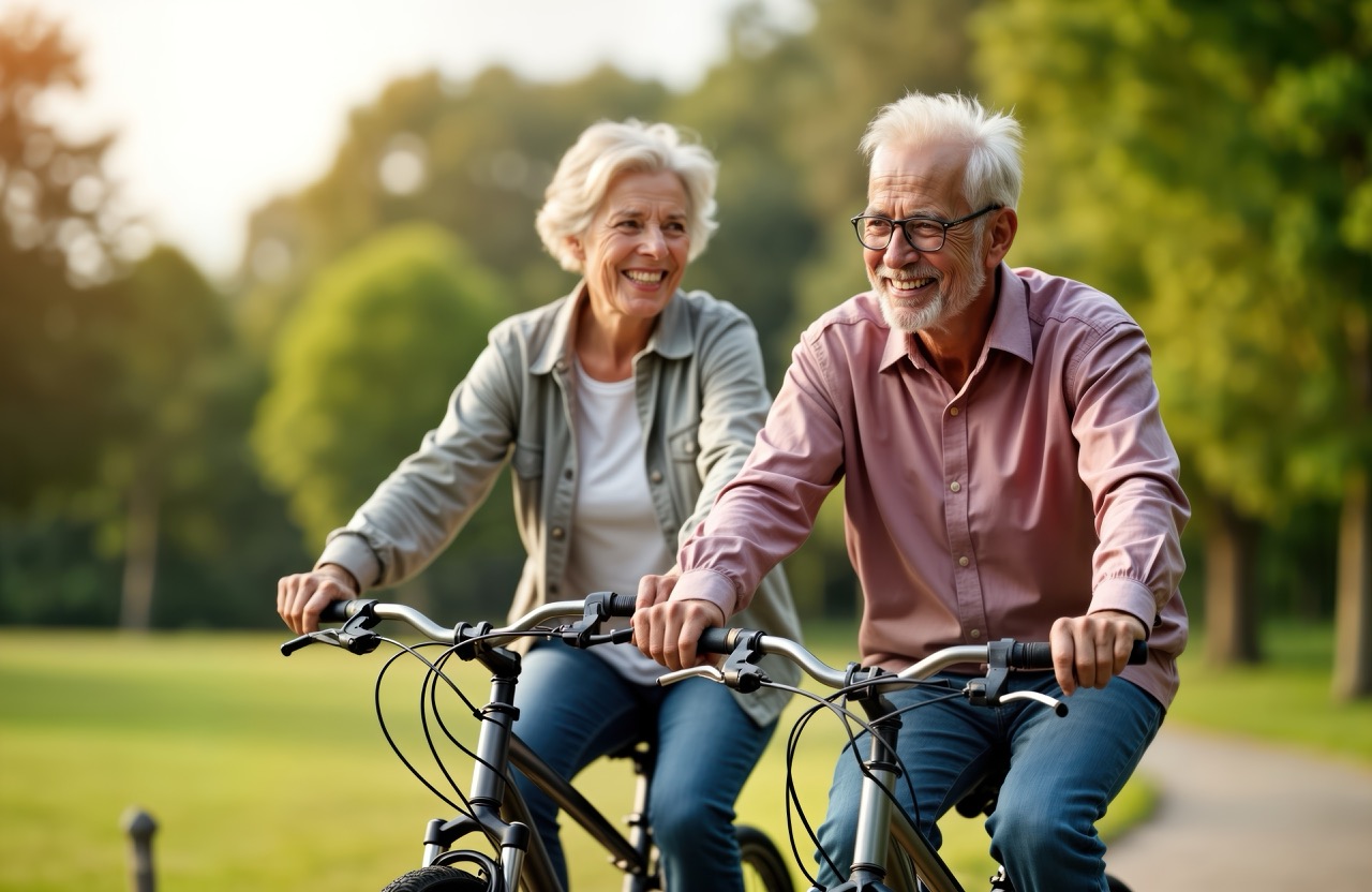 Cheerful senior couple enjoys biking in park. Active retirees fun outdoors. Couple looks happy, affectionate. Summer day in public park. Perfect senior activity. Healthy lifestyle outdoor recreation.